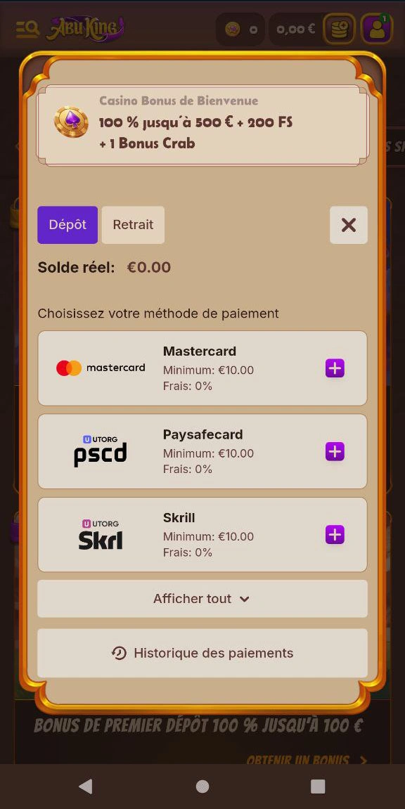 Aperçu des méthodes de dépôt disponibles chez Abuking casino